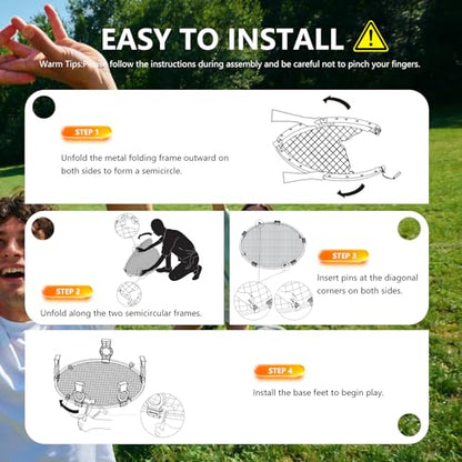 Foldable Metal Roundnet Game Set - Outdoor Games Sets with Pre-Installed Net & Screw-Fixed Pro Bounce - No Net Assembly - Includes 3 Balls, Pump, Case & Rules - Orange