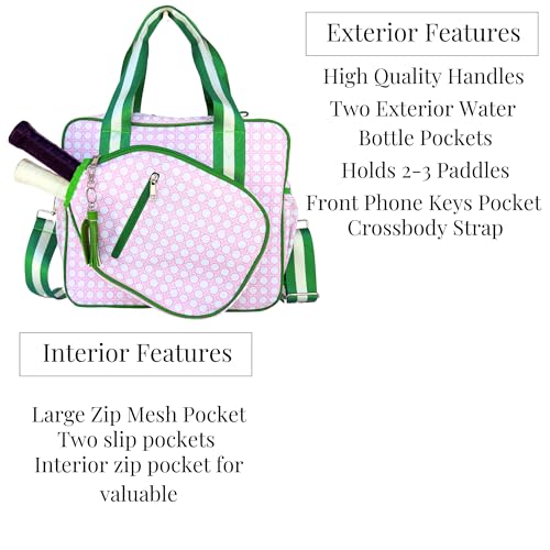 Cute Prepster Pickleball Bag for Women with Fence Hook, Tote with Pockets for Water Bottle, Paddles, Balls, Accessories - color: Pink Bamboo Print
