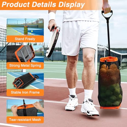 Tennis Ball Hopper,Lightweight Pickleball Picker Upper, Holds 50+ Tennis & 40+ Pickleballs, Portable and Adjustable Height for Court Training, Green Orange Black