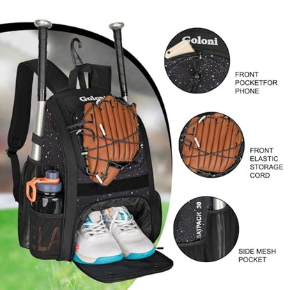 Goloni Youth Baseball Bag,Baseball Backpack with Shoes Compartment,Softball Bag with Fence Hook for T-Ball Bat & Equipment - color: Starry Sky Black