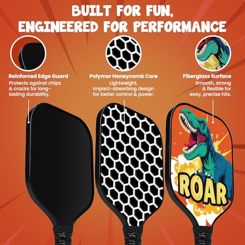 Kids Pickleball Paddle Designed for Ages 3–12 | Lightweight Fiberglass (0.37 lbs) | Small Grip for Easy Control | Fun Beginner Gift for Girls, Toddlers & Youth - color: Dinosaur