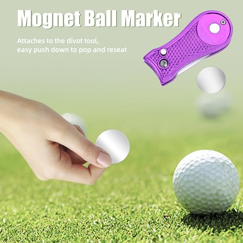 Mile High Life Golf Divot Repair Tool, All Metal Foldable Divot Tool with Pop-up Button & Magnetic Ball Marker - color: Purple Bone