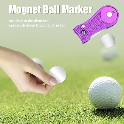 Mile High Life Golf Divot Repair Tool, All Metal Foldable Divot Tool with Pop-up Button & Magnetic Ball Marker - color: Purple Bone