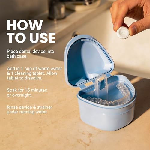 Denture Bath Case and Retainer Case, Denture Bath Cup for Invisalign Retainers Mouthguards Dentures Cleaner Kit with Strainer Spill-Free Portable Retainer Cleaner Case by M3 Naturals (Pack of 2) - size: Bath Case (1 Count) (Pack of 2)