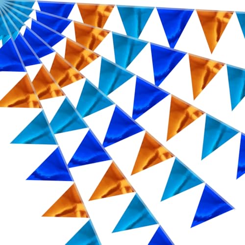 64ft Blue and Orange Triangle Pennant Banner Flag Metallic Paper Bunting Garland for Hanging Backdrop Birthday Decorations Graduation Bachelorette Bridal Wedding Shower Party Supplies - color: Blue Orange