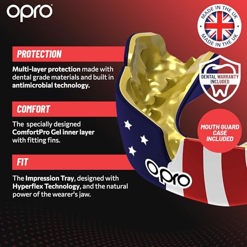 OPRO Instant Custom-Fit Mouthguard – Dentist Level Gum Shield Adult and Kids – OPRO Mouth Guard Boxing and MMA, Self-Fit Gum Shield Rugby – Maximum Protection with Dental Warranty (Black/Gold/Gold) - color: Usa, size: Adult (10+)