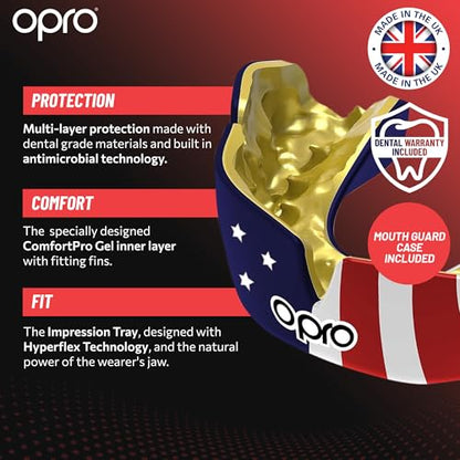 OPRO Instant Custom-Fit Mouthguard – Dentist Level Gum Shield Adult and Kids – OPRO Mouth Guard Boxing and MMA, Self-Fit Gum Shield Rugby – Maximum Protection with Dental Warranty (USA Gold) - color: Usa Gold, size: Adult (10+)