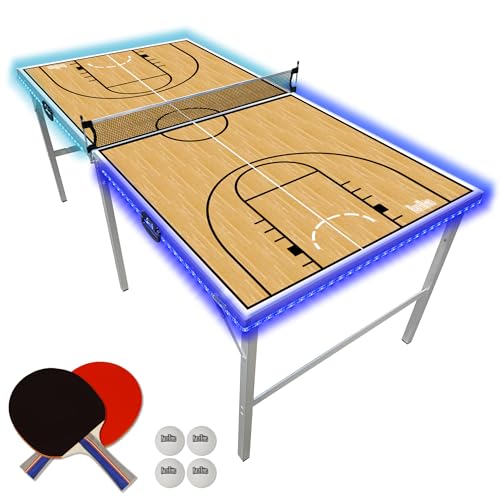 PartyLife 6 ft x 3 ft Ping Pong Table Tennis Table | Mid-Size Portable Folding Indoor Outdoor Ping Pong Table Tennis Table w/Optional LED Lights | Kids & Adults | Game Room | Not Full Size | Game Kit - color: Basketball, size: 6ft x 3ft - LED Lights