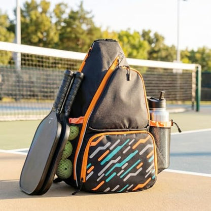 Pickleball Sling Bag with Shoe Compartment for Men Women, Professional 2-3 Paddle Backpack, Large Capacity Bag with 36oz Water Bottle Pocket & Fence Hook - color: Black/Amber