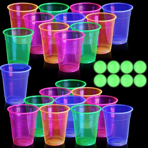 32 Pcs Glow in The Dark Party Table Tennis Game Set Include 24 Pcs Glowing Plastic Cups and 8 Balls for Indoor Outdoor Party Event Birthdays Weddings BBQ Parties - color: Multicolor