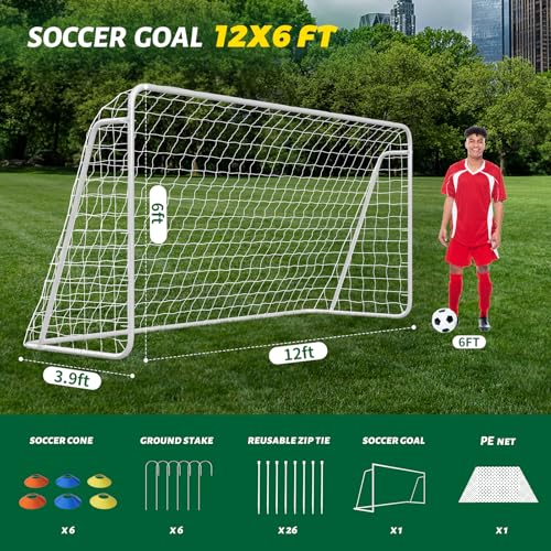 NAIZEA Soccer Goals - 24x8/21x7/18x7/12x6/16x7/10x6/8x6/6x4FT Soccer Goals for Backyard Training- Portable Metal Soccer Net for Youth & Adults - Heavy Duty Steel for Indoor Outdoor Games & Practice - size: 12ft x 6ft, style: Starter-White/Steel