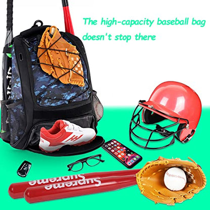 WOLT Youth Baseball Bag - Bat Backpack for Baseball, T-Ball & Softball Equipment & Gear, Bat & Glove Holder, Large Main Compartment for Helmet & accessories, Separate Shoes Compartment, Fence Hook - color: CamoBlue