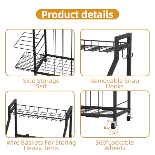 hanmir Ball Storage Rack for Garage, Rolling Sports Ball Organizer with Wheels, Baskets and Hooks, Sports Equipment Storage for Basketball Soccer Football, Garage Organizer (Black)