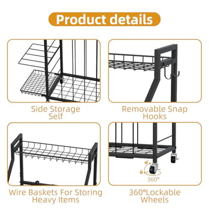hanmir Ball Storage Rack for Garage, Rolling Sports Ball Organizer with Wheels, Baskets and Hooks, Sports Equipment Storage for Basketball Soccer Football, Garage Organizer (Black)