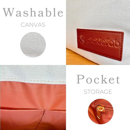 Designer Pickleball Bags for Women | Canvas & Vegan Leather Pickle Ball Tote Bag with Cover Pockets for 4 Paddles | 14"x12"x5.5" Small/Medium Tote Bag with Paddle Pocket & Fence Hook