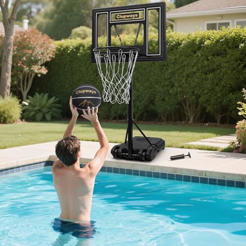Pool Basketball Hoop Poolside Height Adjustable Portable Basketball Hoop for Pool with Shatterproof Backboard and Weather-Resistant Steel Screws/Brackets, Includes Ball and Air Pump