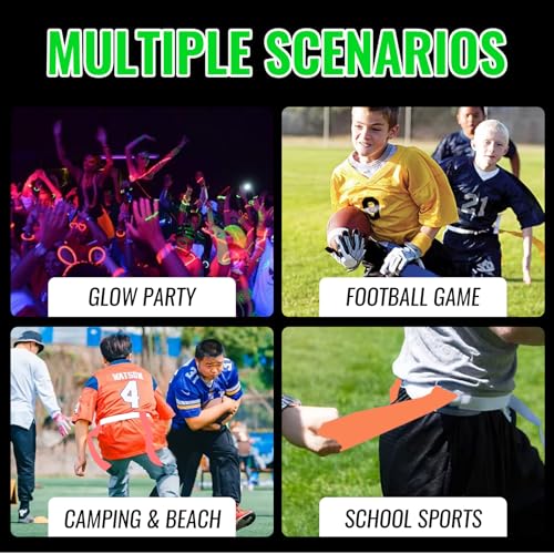 Glow in the Dark Flag Football Belts Set: 4 Adjustable Belts 12 Football Flags, Easy Tear-Away Design, Football Gear for Kid Youth Adult, Perfect for Camping Yard Beach Games, Glow Party Accessories