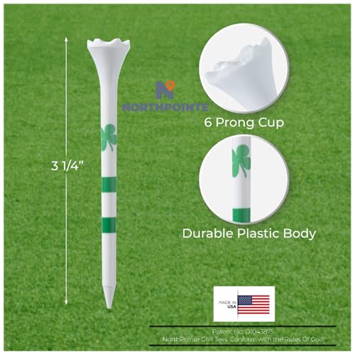 NorthPointe Four Leaf Clover/Shamrock 3 ¼” Plastic Golf Tees - 100 Tees in Bulk - color: White and Green