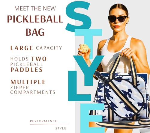Pickleball Sports Tote Bag with Racket Holder, Neoprene, Adjustable Shoulder Strap - color: White/Blue Camouflage