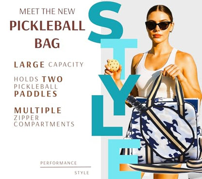 Pickleball Sports Tote Bag with Racket Holder, Neoprene, Adjustable Shoulder Strap - color: White/Blue Camouflage