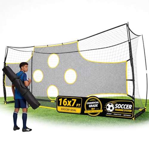 Soccer Goal with Precision Target, 12x6 ft/ 16x7 ft Soccer Net with Carry Bag & Ground Stakes, Quick Setup, Portable Soccer Goal for Youth Adults Practice, Games, Skill Improvement - color: Yellow, size: 16 x 7 ft