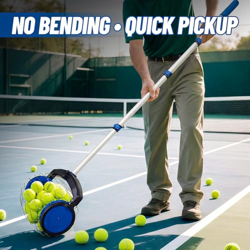 zozen Tennis Ball Picker with Storage Bag, No Bending Quick Pickup Roller, Adjustable Telescopic Handle, Holds Up to 28 Tennis Balls, Lightweight & Portable Collector for Tennis/Pickleball/Baseball