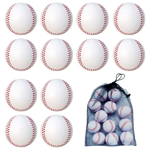 12 Pack Foam Baseballs Soft Baseballs with Mesh Bag for Teenager Players Training Ball Sporting Batting Ball Safety Hitting and Fielding Indoor Outdoor White
