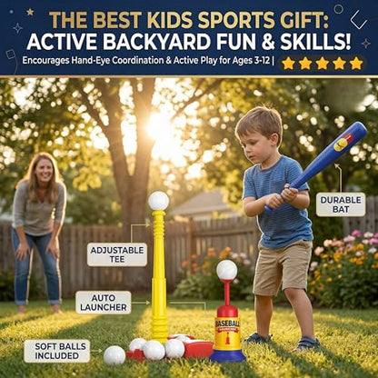 T Ball Stand for Kids and Toddlers 1-3, 3-5, 5-8. Baseball Set Includes 6 Large Balls, an Adjustable Tball Batting Tee, and a Pitching Machine. Kids Bat and Ball, T-Ball Sets for Kids