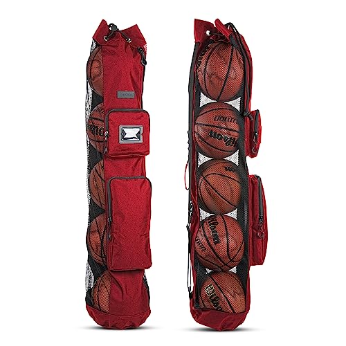 Fitdom Heavy Duty XL Basketball Mesh Equipment Ball Bag w/Shoulder Strap Design for Coach with 2 Front Pockets for Coaching & Sport Accessories. This Team Tube Carrier Can Store Up to 5 Basketballs - color: Red