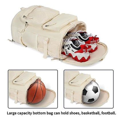 Solid color gym duffel bag backpack, wrestling bag,with shoe compartment, 4 kinds of back method waterproof travel sports walking laptop Lightweight（B-Sea Salt White） - color: B-Sea salt white