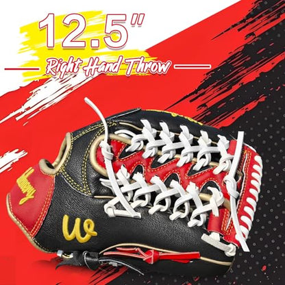 Full Grain Leather Baseball Softball Glove Adult Youth Infield Outfield - color: Red Black, size: 12.5 Inch