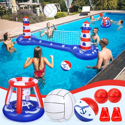 EagleStone Pool Volleyball Net &Basketball Hoop Inflatable Pool Floats Toys Swimming Water Games for Adults and Kids 8-12 Teens Volleyball Court Poolside Floaties - color: Blue