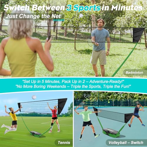 Badminton Set,Volleyball Set,Tennis Set with Storage Base.for Gatherings with Friends,Backyard Fun,Beach outings,Grassy Fields,and Other Outdoor Activities.Complete 3-in-1 Accessory Set.
