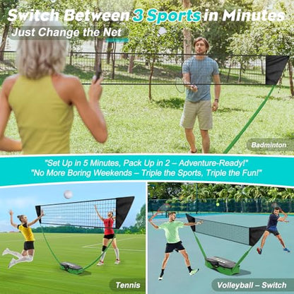 Badminton Set,Volleyball Set,Tennis Set with Storage Base.for Gatherings with Friends,Backyard Fun,Beach outings,Grassy Fields,and Other Outdoor Activities.Complete 3-in-1 Accessory Set.