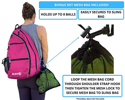 McEtt Pickleball Sling Bag & Mesh Ball Bag – Adjustable Crossbody Backpack for Women Men – Holds Pickleballs, Paddles, Water Bottle, Gear - color: Pink