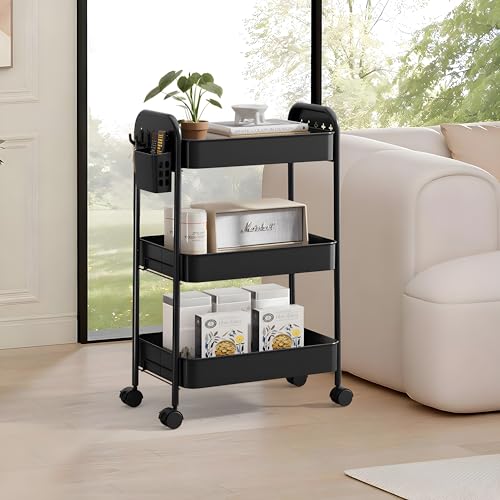 Heavy-Duty Rolling Cart 3 Tier Metal Utility Storage Cart with Casters, Hanging Cups, Hooks, Book Snack Craft Mesh Rolling Storage Organizer for Kitchen Office