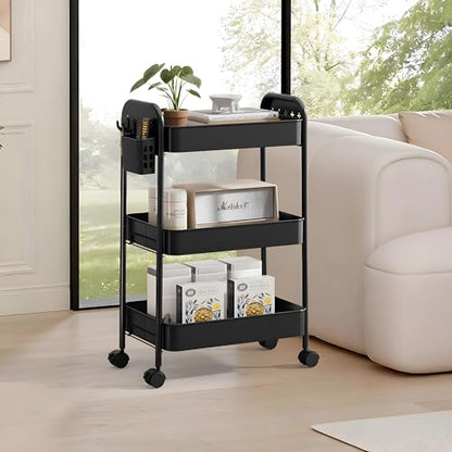 Heavy-Duty Rolling Cart 3 Tier Metal Utility Storage Cart with Casters, Hanging Cups, Hooks, Book Snack Craft Mesh Rolling Storage Organizer for Kitchen Office