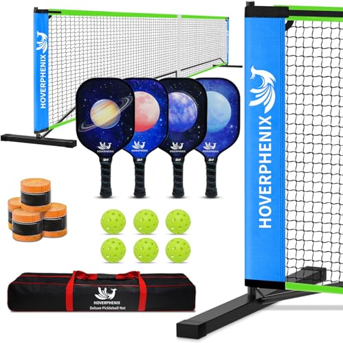 Hoverphenix Portable Pickleball Net Set, 22FT Regulation Size Pickle Ball Net with Paddle Set of 4, Pickleballs and Carry Bag, Easy Setup for Indoor Gym, Outdoor Court,Driveway, Backyard - color: BLUE & GREEN, style: Pickleball Set with Net