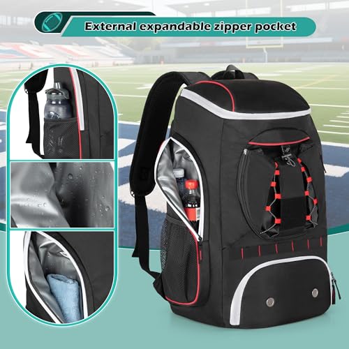 Smasrob Football Bag for Equipment with External Ball Holder, Insulated Pocket and Fence Hooks, Football Backpack for Youth and Adult - color: Black
