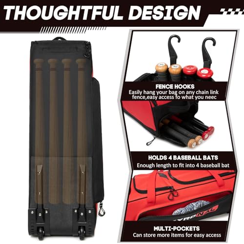 Baseball Bag with Wheels for 4 Bats,Soft Rolling Baseball Bag With Multi-Pockets, Fence Hook, Holds All Baseball Equipment. - color: Red/Blk