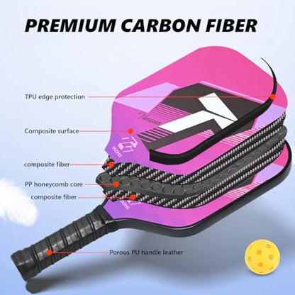 TADHG Pickleball Paddle Set 2 Lightweight 8.4oz Paddles with Honeycomb Core Spin-Friendly Surface 4 Balls - color: 06.Pink