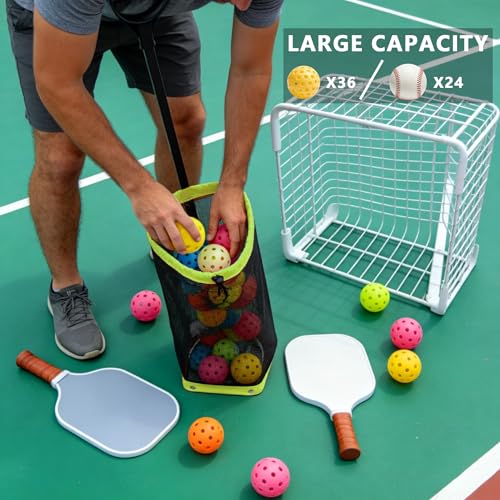 Tennis Ball Hopper, Holds 40+ Pickleballs or 50+ Tennis Balls, Lightweight Durable Steel Frame, Portable Adjustable Ball Picker（Excluding Ball） - color: Green