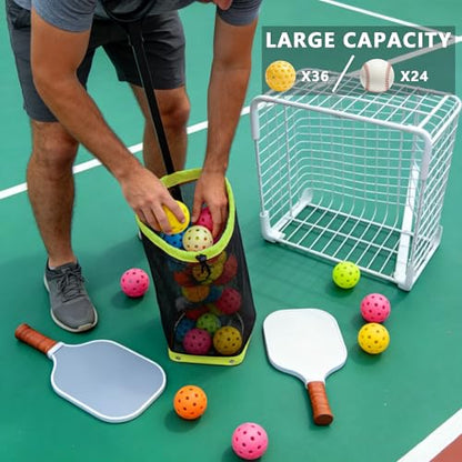 Tennis Ball Hopper, Holds 40+ Pickleballs or 50+ Tennis Balls, Lightweight Durable Steel Frame, Portable Adjustable Ball Picker（Excluding Ball） - color: Green