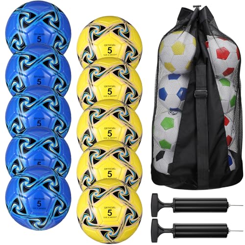Libima 13 Pcs Soccer Ball Bulk 10 Pcs Official Size 4, 5 Soccer Ball with 2 Pump and Carry Bag Outdoor Indoor Training Practice Football Sports Party Back to School - color: Blue, Yellow, size: Size5, style: Pentagram Style