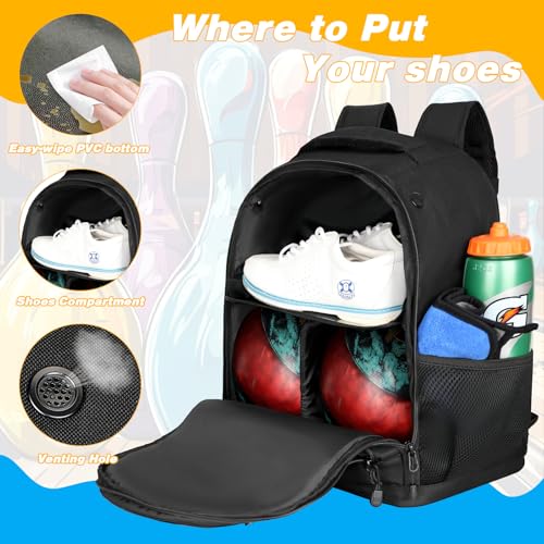 Goloni 2 Ball Bowling Backpack,Bowling Ball Bag with Shoe Compartment & Portective Foam Padded, Fits Shoes Up to US Size 16 - color: Black