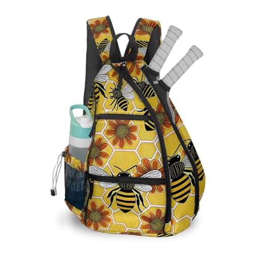 Pickleball Bag Bee Floral Yellow Pickle Ball Backpack for Women Men Premium Lightweight Crossbody Sling Bag Sports Backpack for Pickleball Paddle Tennis - color: Bee Floral
