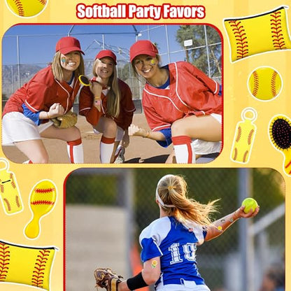 Elcoho 122 Pieces Softball Party Favors Set Softball Team Gifts with 12 Sets Makeup Bags, Hairbrushes, Mirrors, Headbands, Bracelets, Keychains and 50 Stickers for Sports Birthday Party Supplies