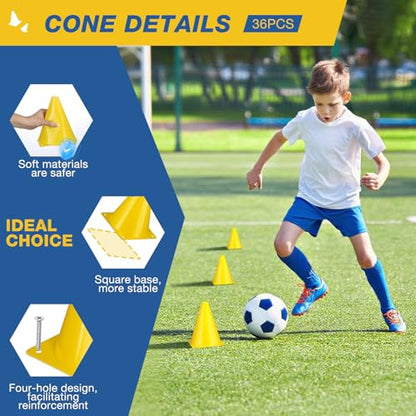 36pcs Cones 7 Inch Soccer Cones and Plastic Traffic Cones, Durable Cones for Sports Training, Ideal for Soccer, Basketball, Football, Skating, and Agility Drills Practice - color: yellow