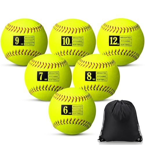 Lewtemi 6 Pack 12 Inch Weighted Training Softballs Bulk, 6-12 oz Weighted Training Balls for Pitching and Hitting, Improve Velocity Arm Strength Softball Practice Equipment with Drawstring Bag
