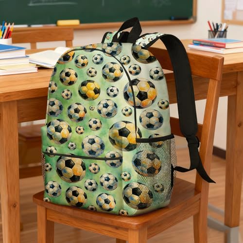 Soccer Backpack for Kids & Youth, 16 Inch Tennis-Themed School Bookbag, Lightweight Polyester Daypack with Front Zip Pocket, Side Bottle Pocket, Padded Adjustable Straps, Unisex - color: Soccer